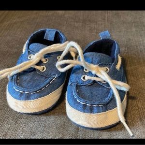 Blue and cream infant loafer shoes
